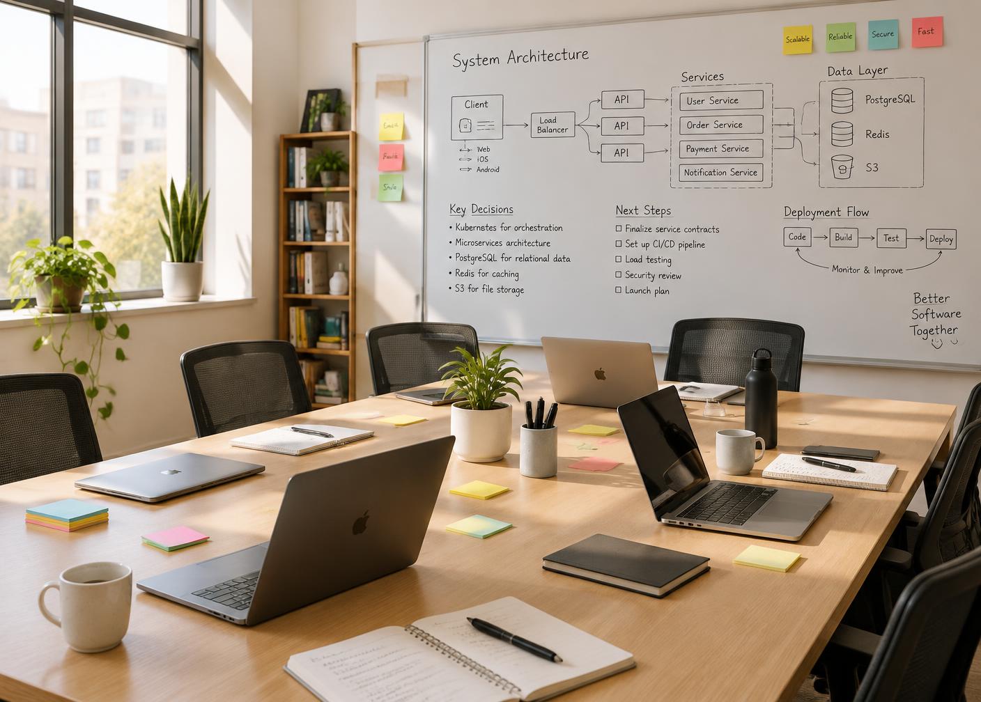 Team workspace with an architecture whiteboard
